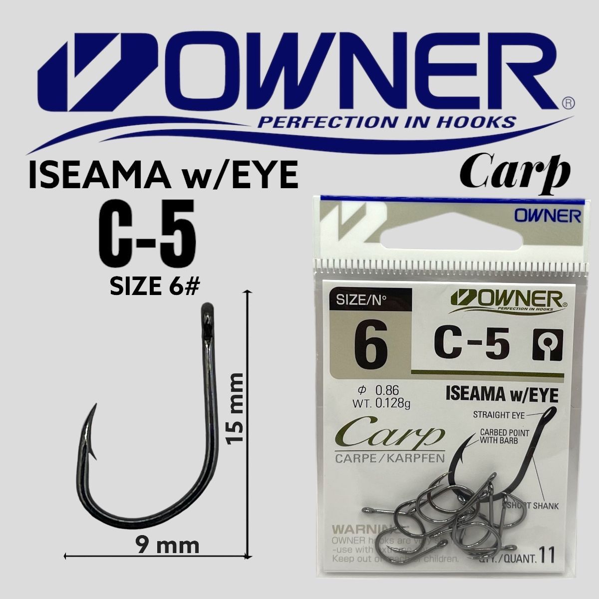 Крючки OWNER ISEAMA w/EYE CARP C-5 №6 11 шт. Овнер Крючок. Одинарные для рыбалки. Карп. Карповые. С-5