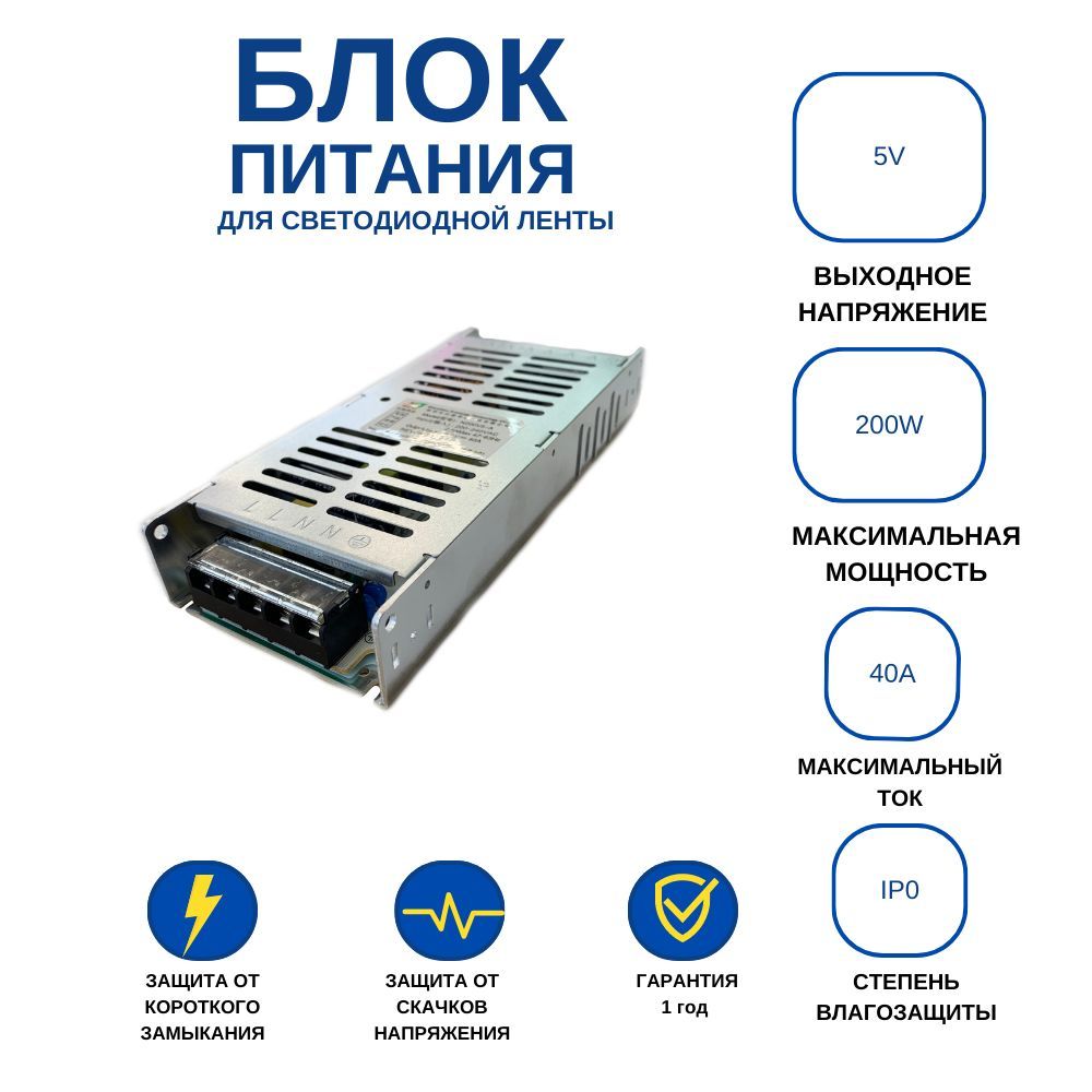 Блокпитания40А200W5VIP0длясветодиоднойленты,светильника.