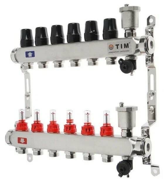 Коллекторная группа 6 контуров с расходомерами 1" * 3/4" E,с дренажными кранами и воздухоотводчиками нерж. сталь, TIM, KCS5006