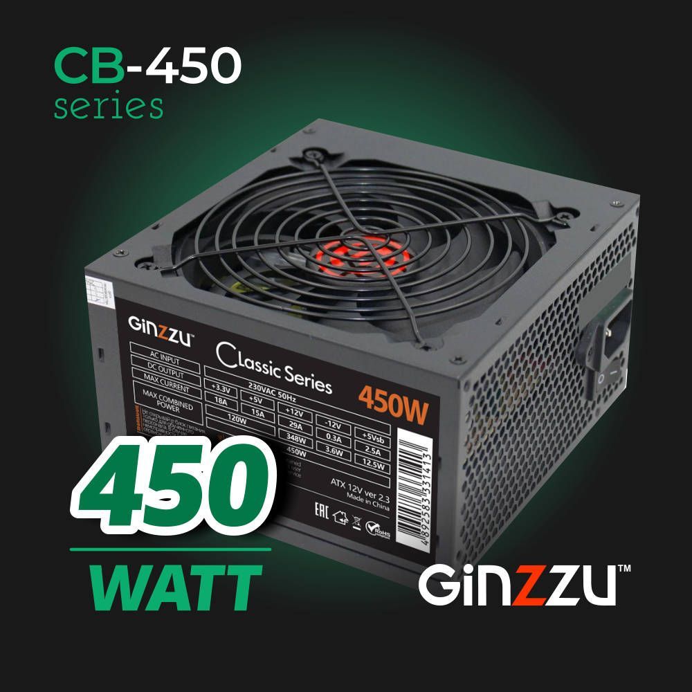 Блок питания Ginzzu 450W (CB450) ATX, 12CM, 20+4, CPU(4+4), PCI-E(6),  3*SATA, 2*IDE, кабель питания