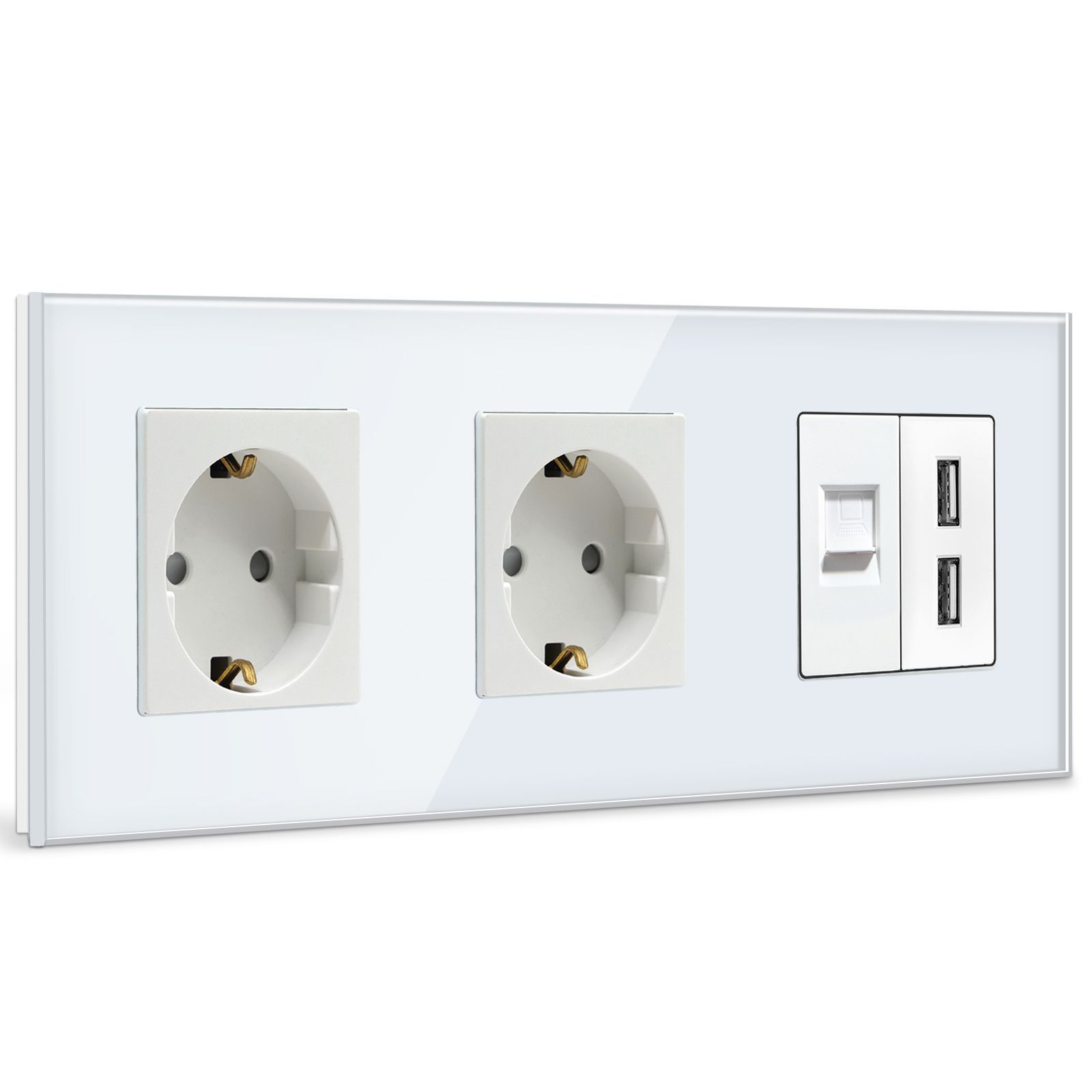 Розетка с КОМП RJ-45 / 2USB, интернет CAT5+2USB+2розетка, рамка стекло Белый