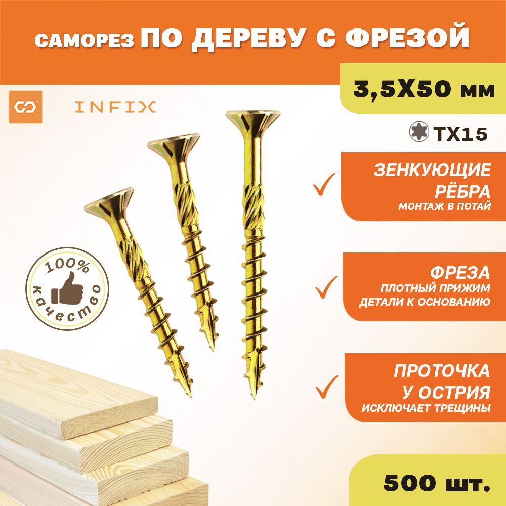 Саморезыподеревужелтыесфрезойпотайн.3.5х50цжTX15INFIX(упак500шт)