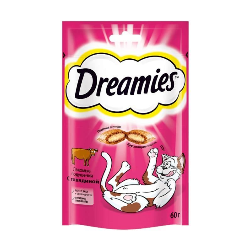 Лакомые подушечки dreamies. Корм для кошек dreamies. Дримс подушечки для кошек. Лакомство для кошек "dreamies. Лакомые подушечки с говядиной и сыром" (60 г).