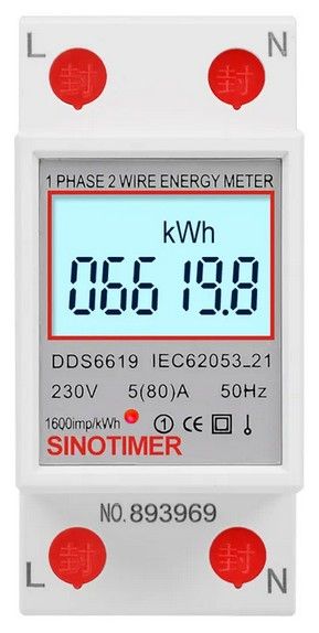 Однофазный электронный счетчик электроэнергии на DIN-рейку 230В, 80А Sinotimer DDS6619-008