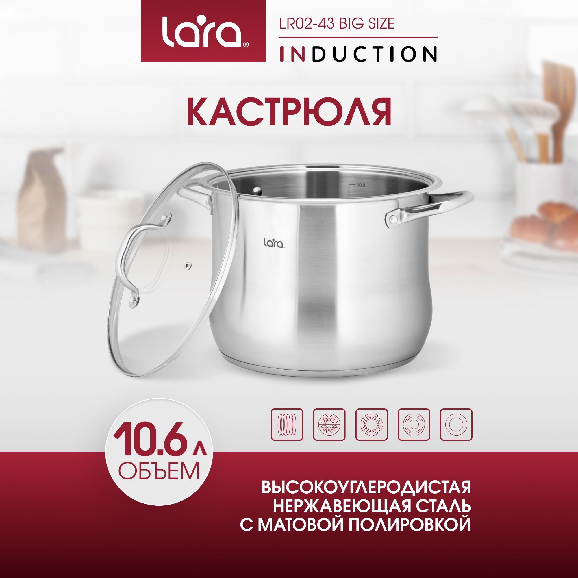 Кастрюля LARA Big size из нержавеющей стали 10,6 л. для всех видов плит в т.ч. индукционных плит