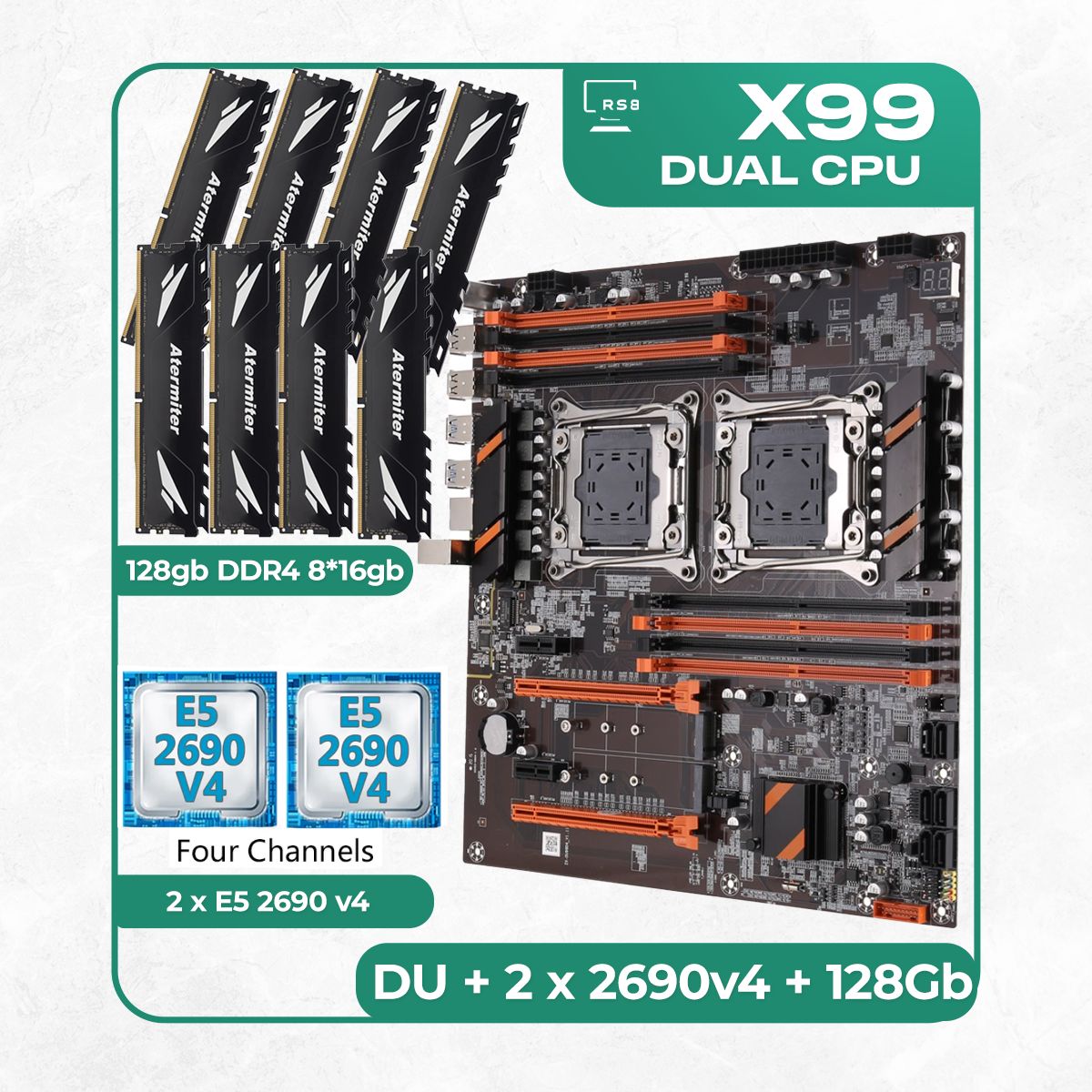 Kllisre Материнская плата Комплект материнской платы X99: ZX-DU99D4 + 2 x Xeon E5 2690v4  + DDR4 128Гб Atermiter 2666Mhz 8х16Гб