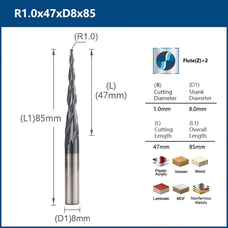 Фреза спиральная двухзаходная конусная сферическая XCAN R1,0х47хD8х85мм, покрытие TiALN