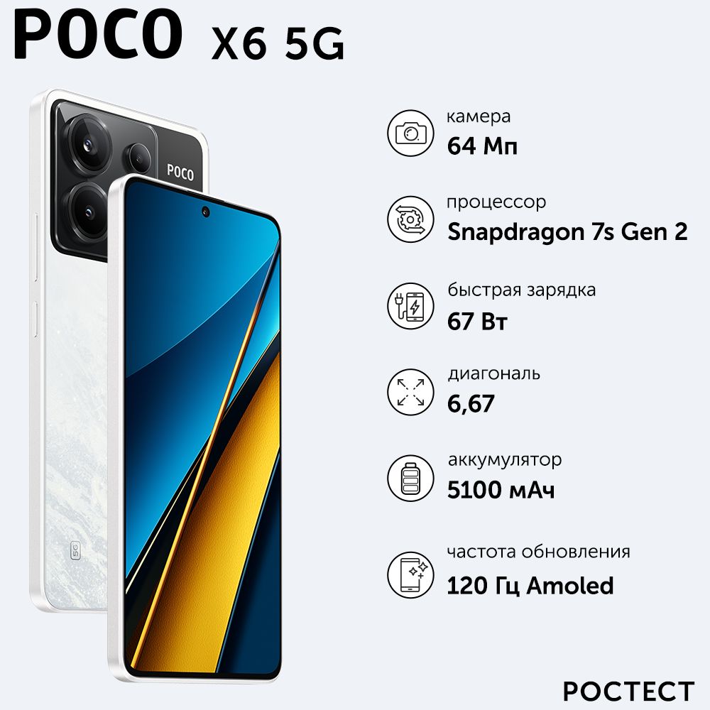 Poco Смартфон POCO X6 5G 12/256 ГБ, белый