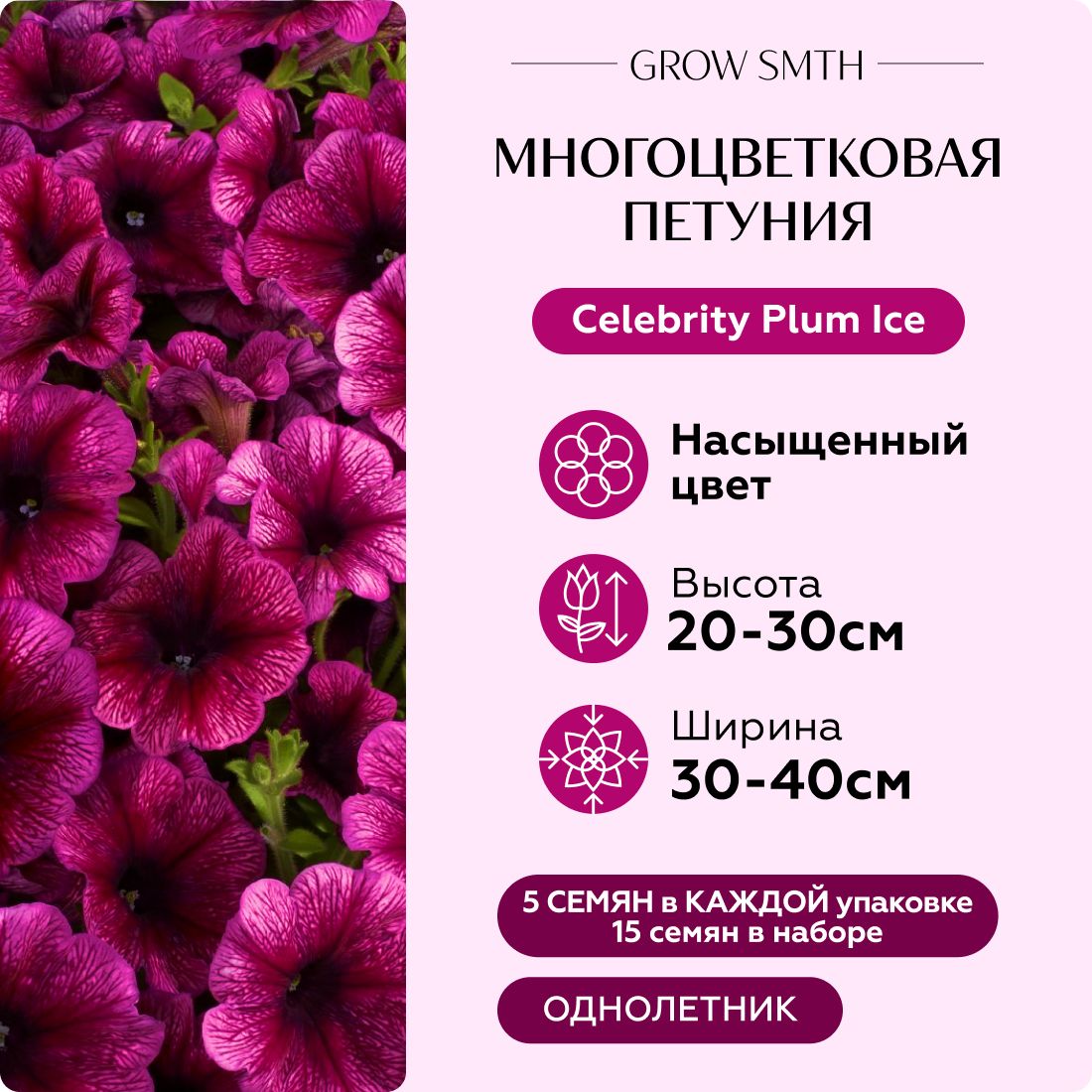 Семена Петунии многоцветковой однолетней набор 3 упаковки (1 цвета), 15 семян