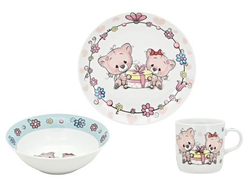 Набор керамической детской посуды 3 предмета "Мишки" (кружка 230мл, тарелка 17,5, салатник 15см), подарочная #1