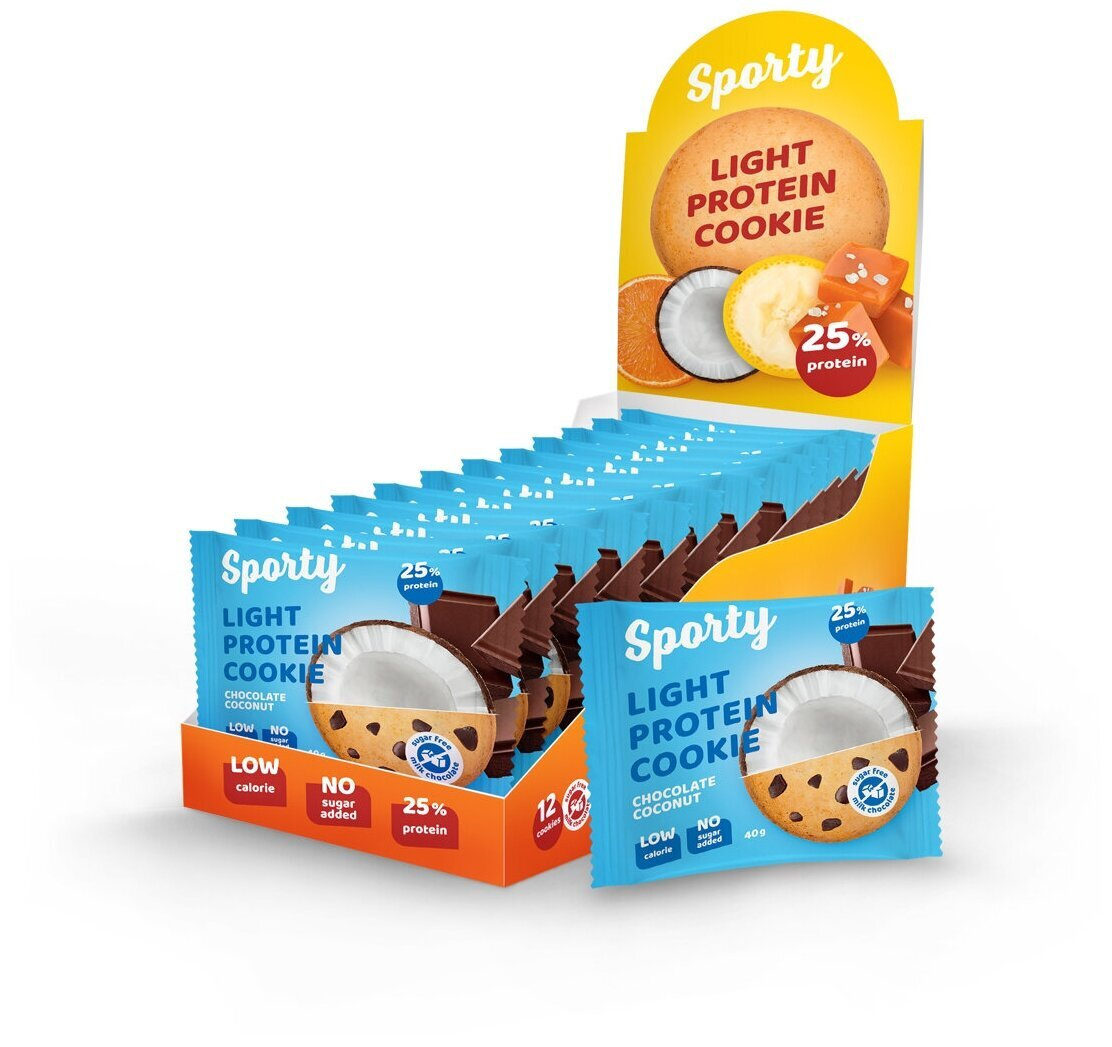 Легкое протеиновое печенье Sporty Light Protein Cookie 40 г х 12 шт ...