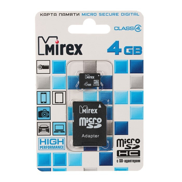 Карта памяти Mirex microSD, 4 Гб, SDHC, класс 4, с адаптером SD ...