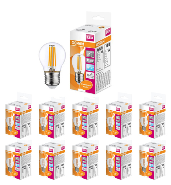 Филаментная, Светодиодная Лампочка OSRAM E27 Шар 600 Лм 4000 К - купить ...