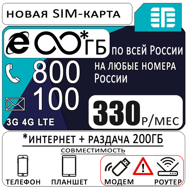 SIM-карта с безлимитным интернетом, 800мин/100смс за 330 р/мес (Вся ...