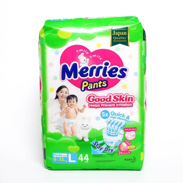 Подгузники-трусики Merries Good Skin, L 9-14 кг, 44 штуки - купить с ...