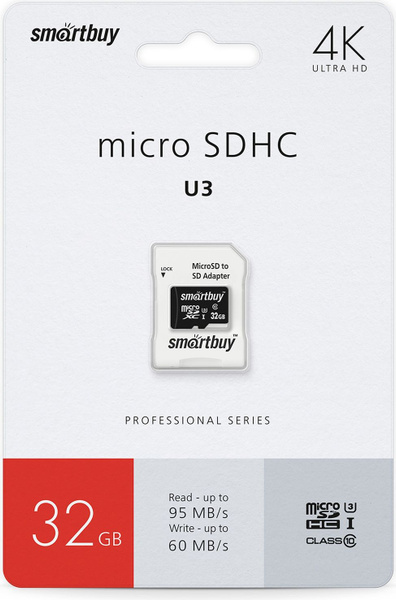 Карта памяти micro SDHC Smartbuy 32GB Class10 PRO U3 R/W:95/60 MB/s (с ...