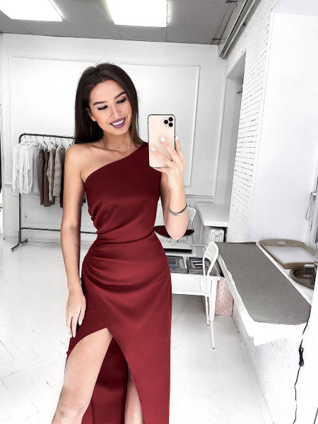 Бордовое платье женское вечернее праздничное с разрезом в пол, Женский ...