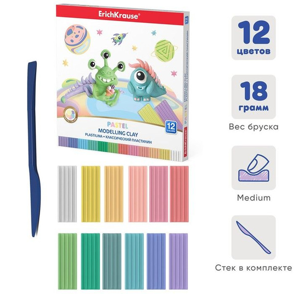 Пластилин 12 цветов, 216 грамм, Cosmic Monsters Pastel, со стеком, 2 ...