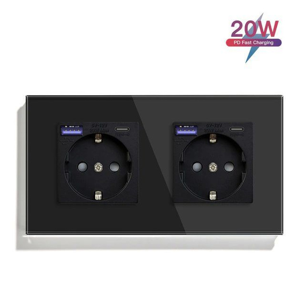 Розетка электрическая 2 поста с Usb/Type-C АC, быстрая зарядка 20W ...