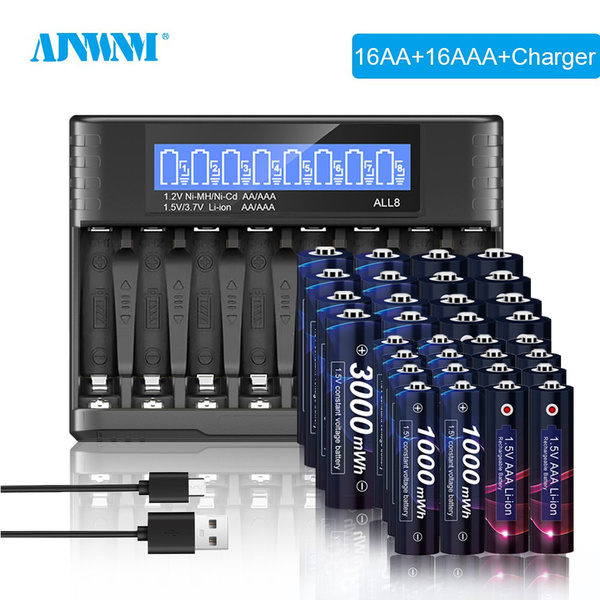 16 шт (Пальчиковые) 3000MWH Аккумуляторные батарейки AA 1,5V + Li-ion ...