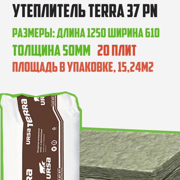Утеплитель TERRA 37 PN Размеры плиты 1250-610-50 15,24м2 20 плит ...