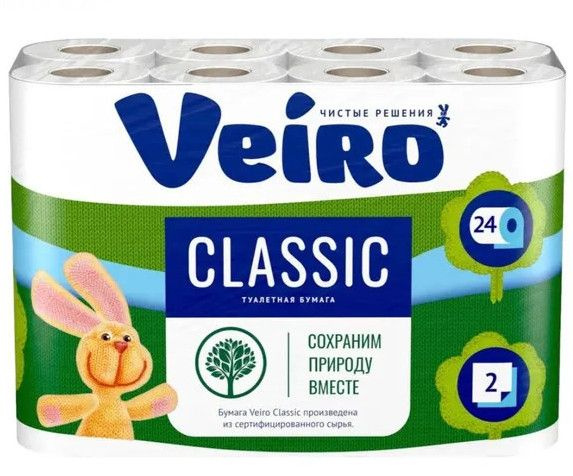 Туалетная бумага Veiro Classic, 2-х слойная, 24 рулона, Веиро белая ...