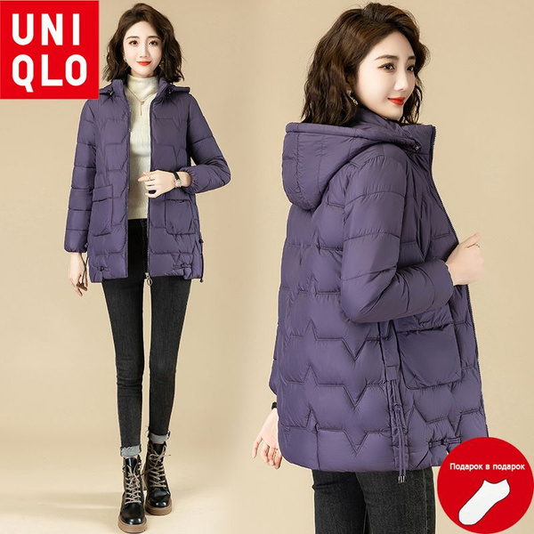 Пальто Uniqlo, Еврозима, размер 46, цвет фиолетовый, Стрейч-коттон ...