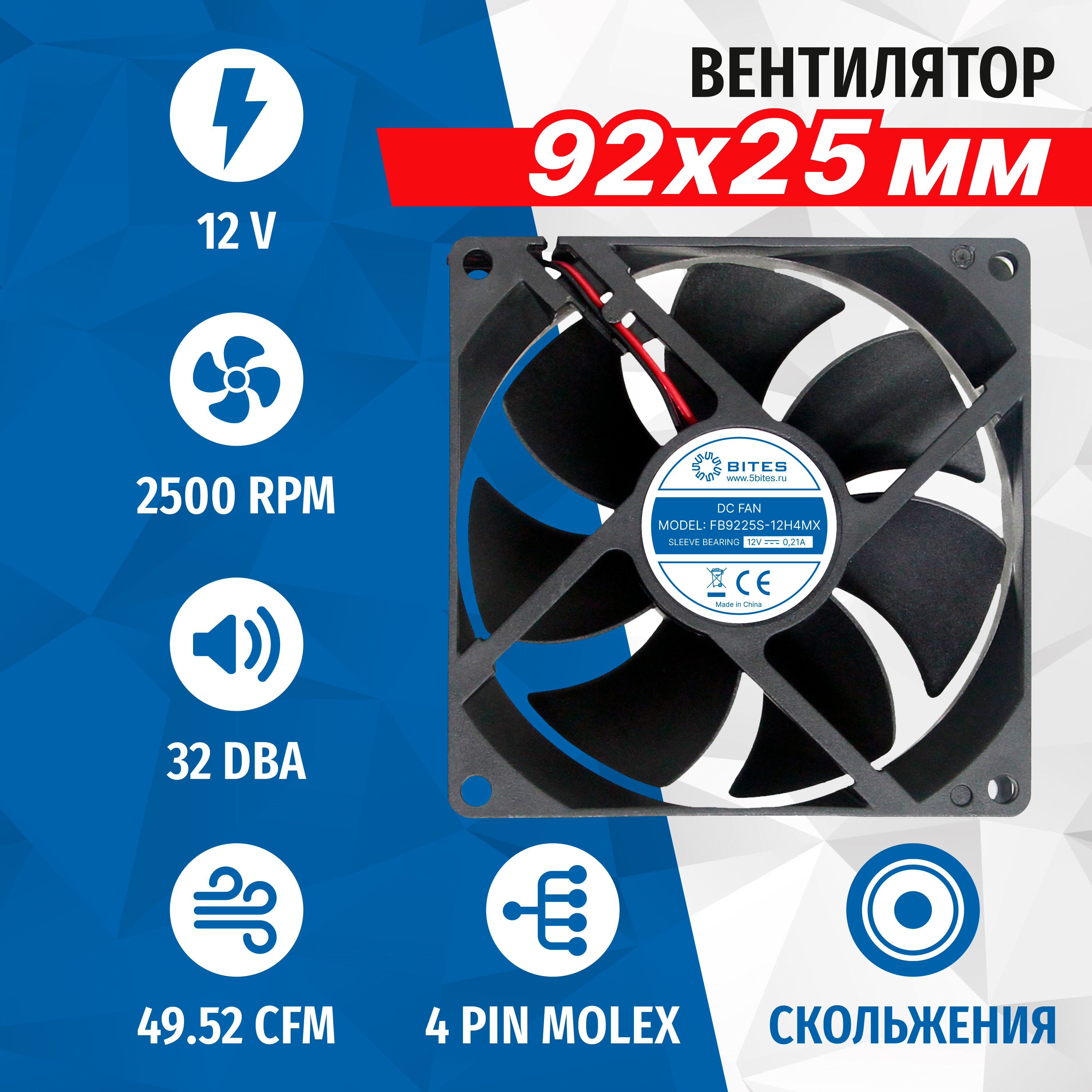 Вентилятор 5bites FB9225S-12H4MX, 92x92x25мм, подшипник скольжения,  2500rpm, 32 дБ, Molex 4pin - купить кулер по выгодной цене в  интернет-магазине OZON (557870233)