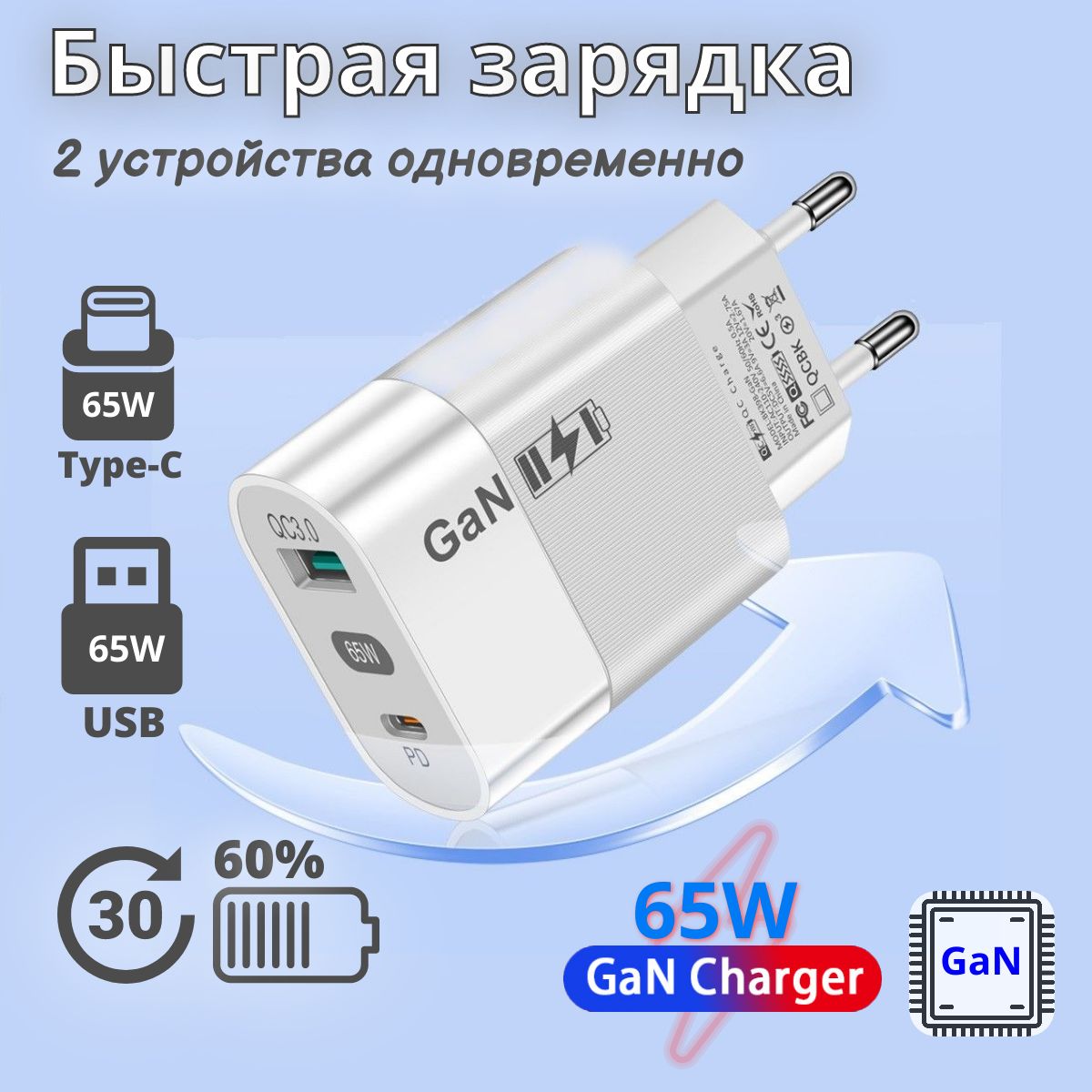 ЗарядноеустройствоGaN65W,оченьбыстраязарядкадлясмартфона,2выходаUSB+Type-C,белая