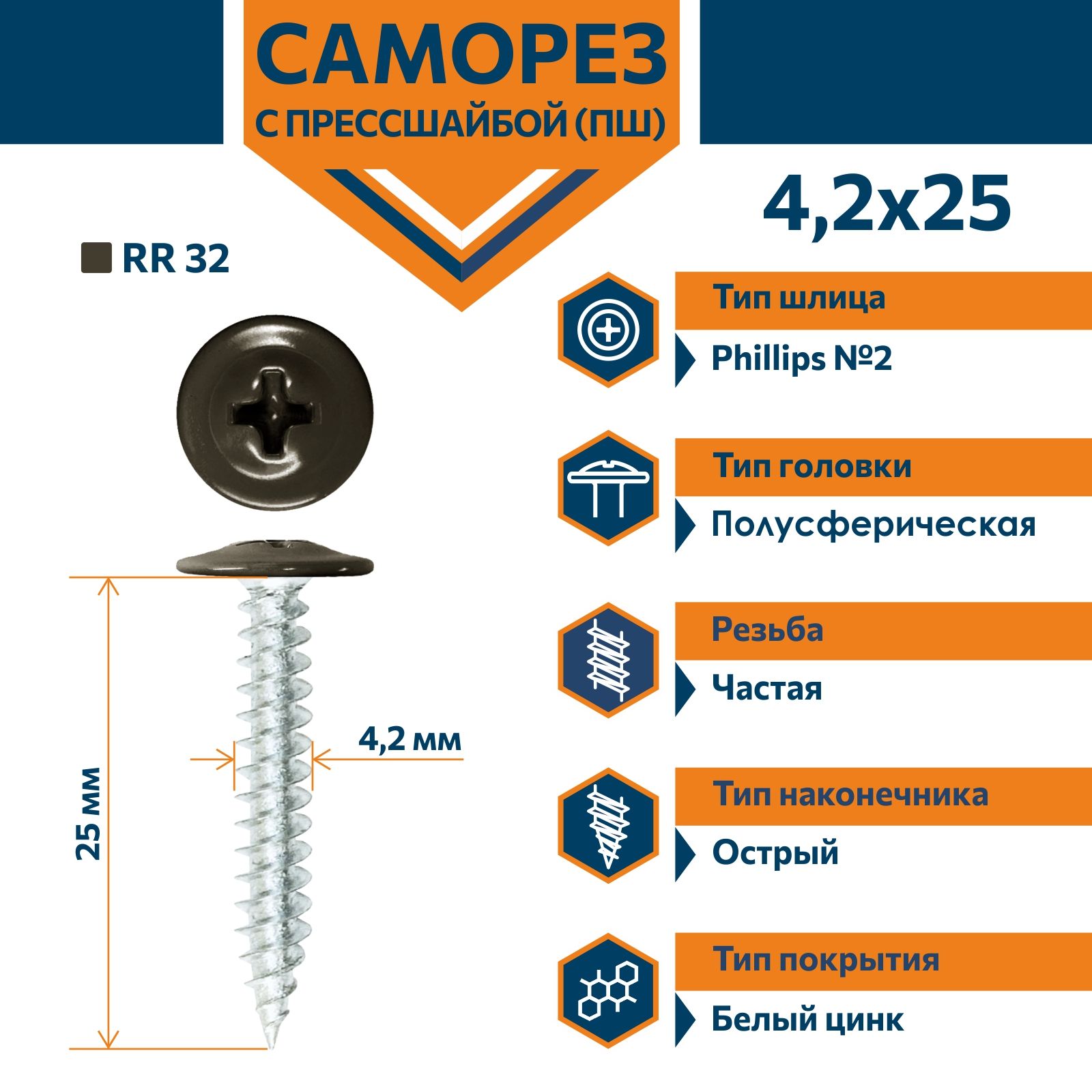 Саморез Rizzel ПШ с прессшайбой острый 4,2х25 RR 32 (500 шт)