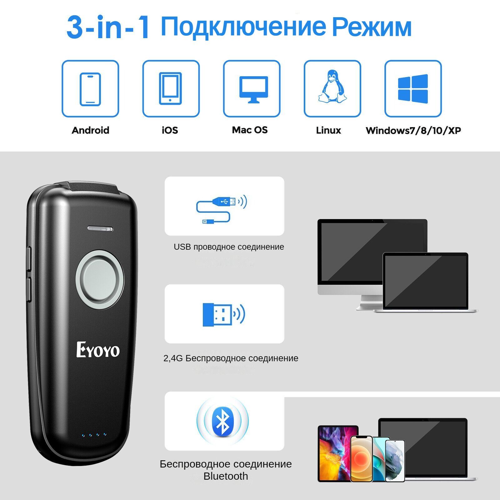 Eyoyo портативныйСканер штрих - кода, Применяется кBluetooth  /2.4GБеспроводное подключение/Проводное соединение, Можно положить в карман  купить по низкой цене с доставкой в интернет-магазине OZON (1378074918)