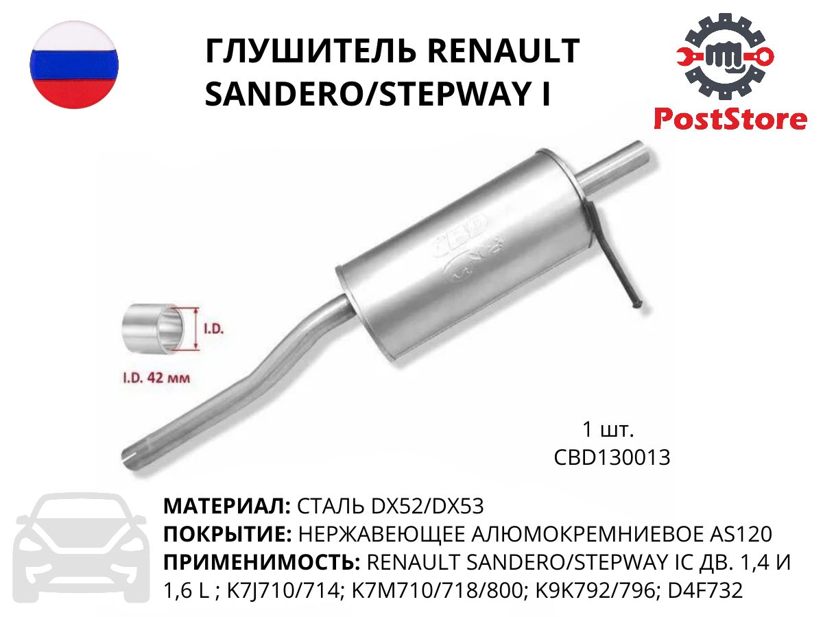 РезонатордляRenault/DACIALogan,нерж.cталь,1штука,RAL029