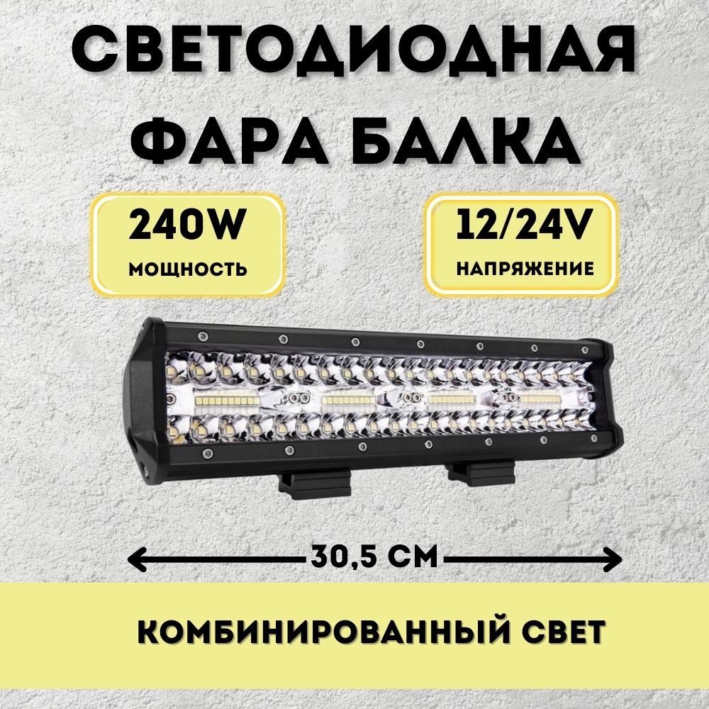 Балка светодиодная 240w 30,5см 10v-30v дополнительная противотуманная фара прожектор комбинированный свет