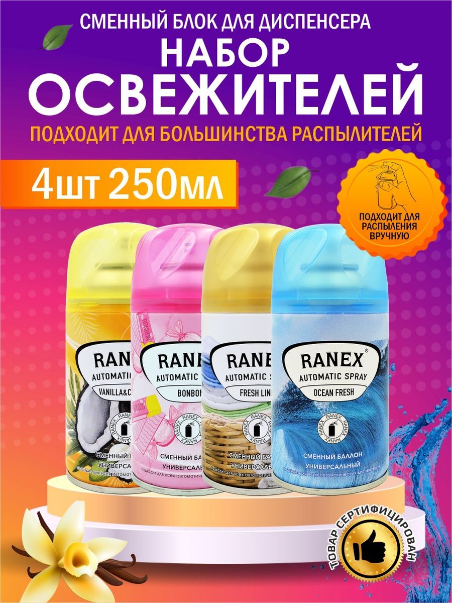 Освежитель воздуха; сменный аэрозольный баллон RANEX, 4 шт (Ваниль-Кокос,  Бабл Гам, Свежесть Белья, Океанская Свежесть) - купить с доставкой по  выгодным ценам в интернет-магазине OZON (1344870806)