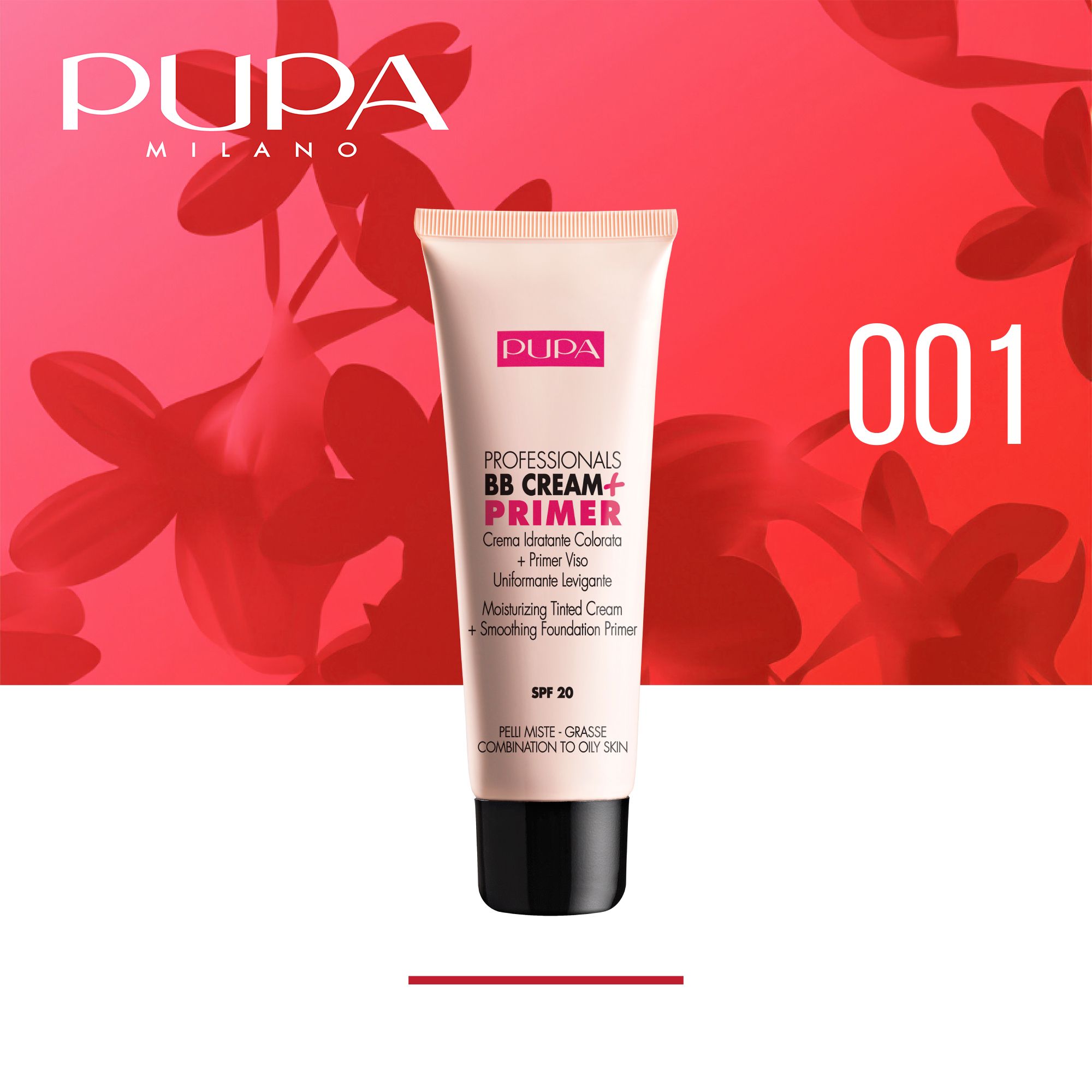 PUPA Крем+основа для комбинированной и жирной кожи Professionals BB Cream + Primer BB, 50 мл, тон 001