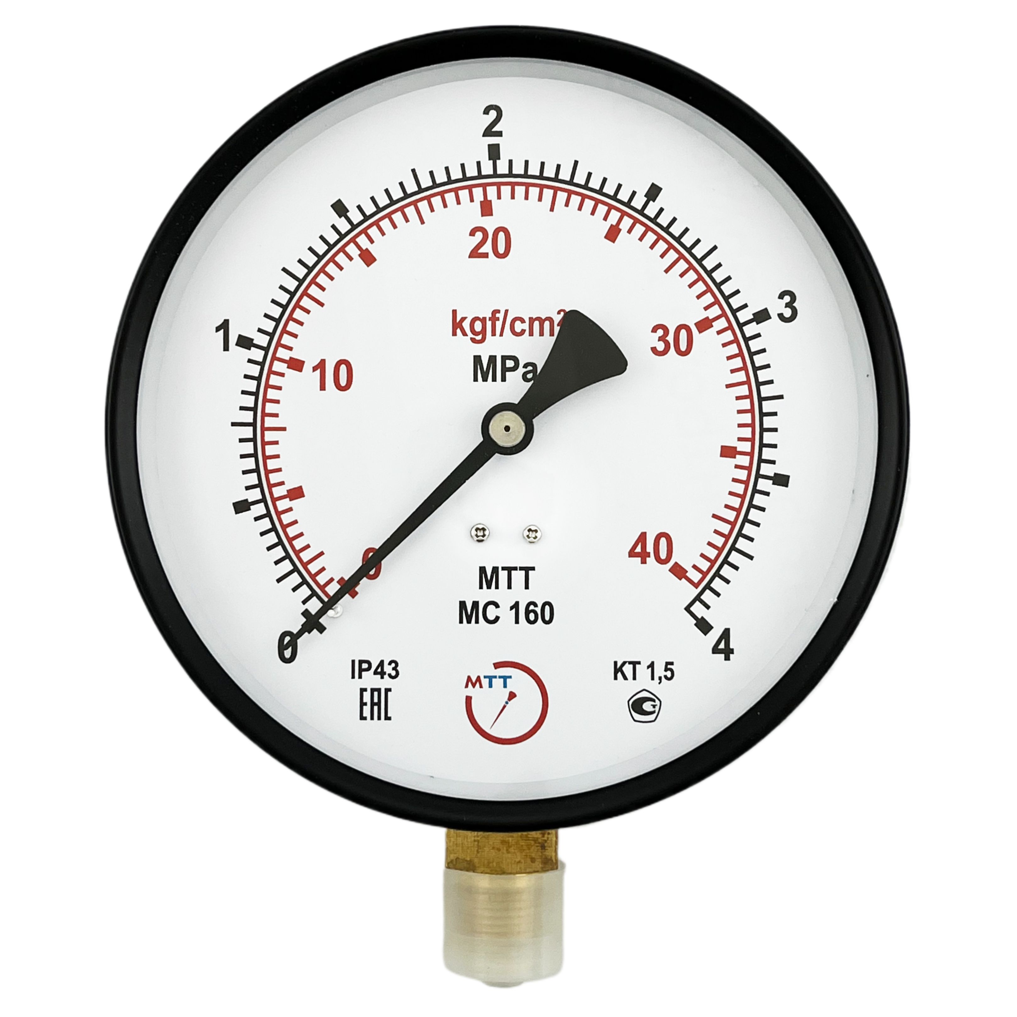 Манометр технический МС160 давление 0-4 МПа (40 бар) резьба М20х1,5 класс точности 1,5 корпус 160 мм. поверка 2 года