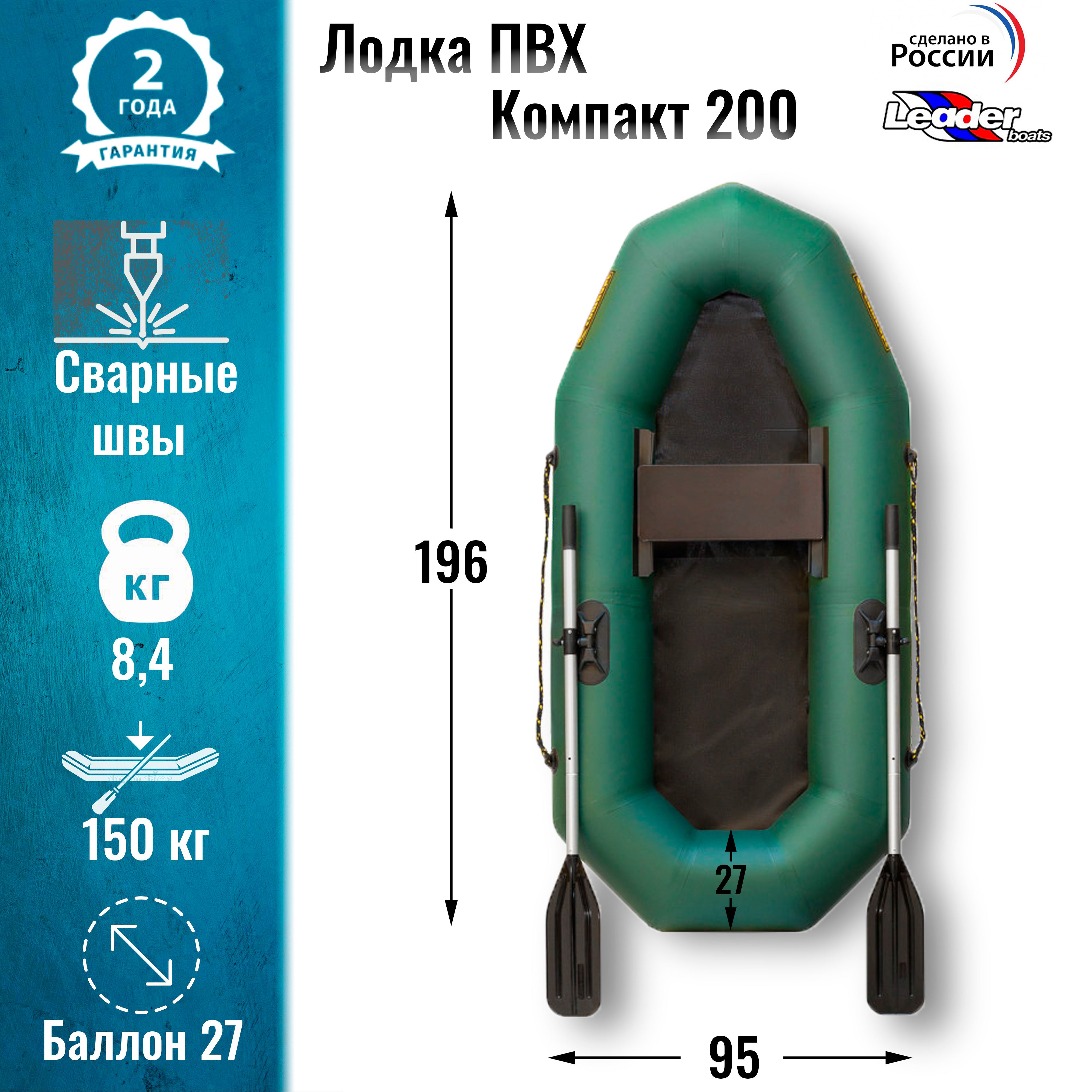 Лодка ПВХ "Компакт-200М" гребная (цвет зеленый)/Leader boats