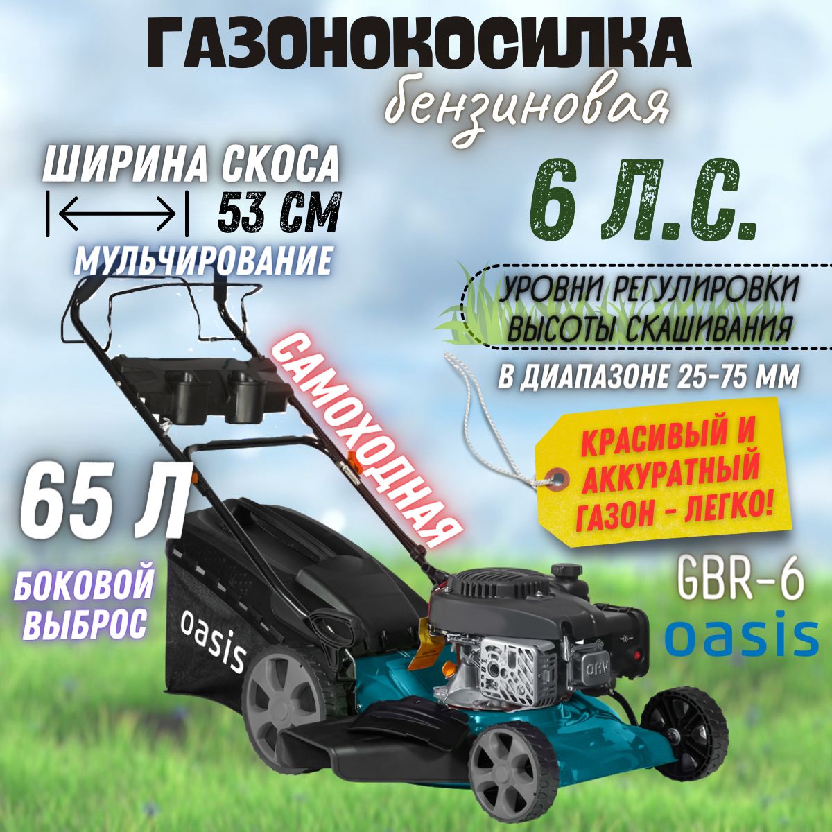 Газонокосилка бензиновая Oasis GBR-6 (4400 Вт, 6 л/с, 2800 об/мин, 179 куб.  см) Газонокосилка для дачи и сада /Триммер бензиновый /, - купить по  выгодной цене в интернет-магазине OZON (1551544712)