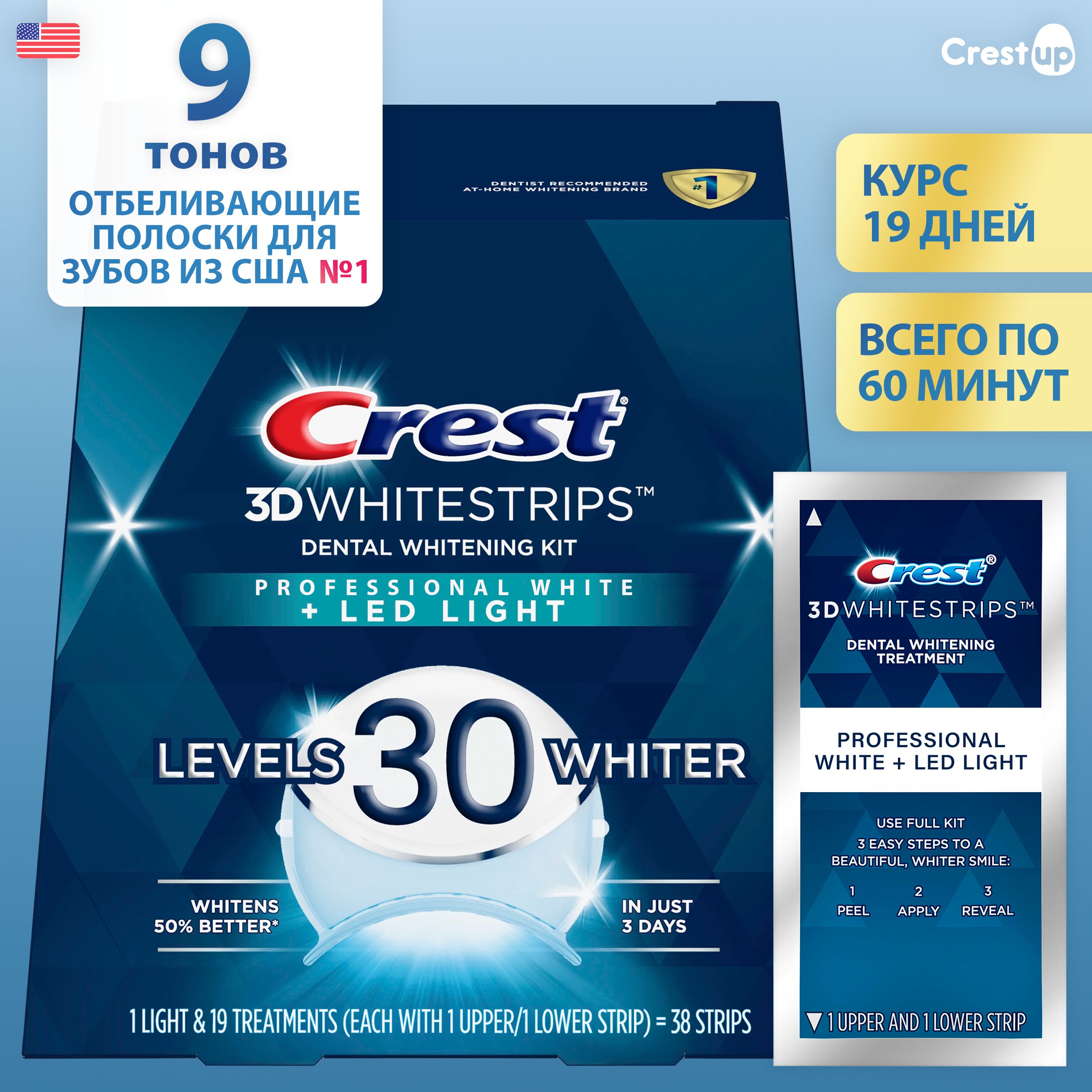 Курс 19 дней Crest 3D Whitestrips Professional White + LED Light  Отбеливающие полоски для зубов - купить по выгодной цене в  интернет-магазине OZON (287750412)