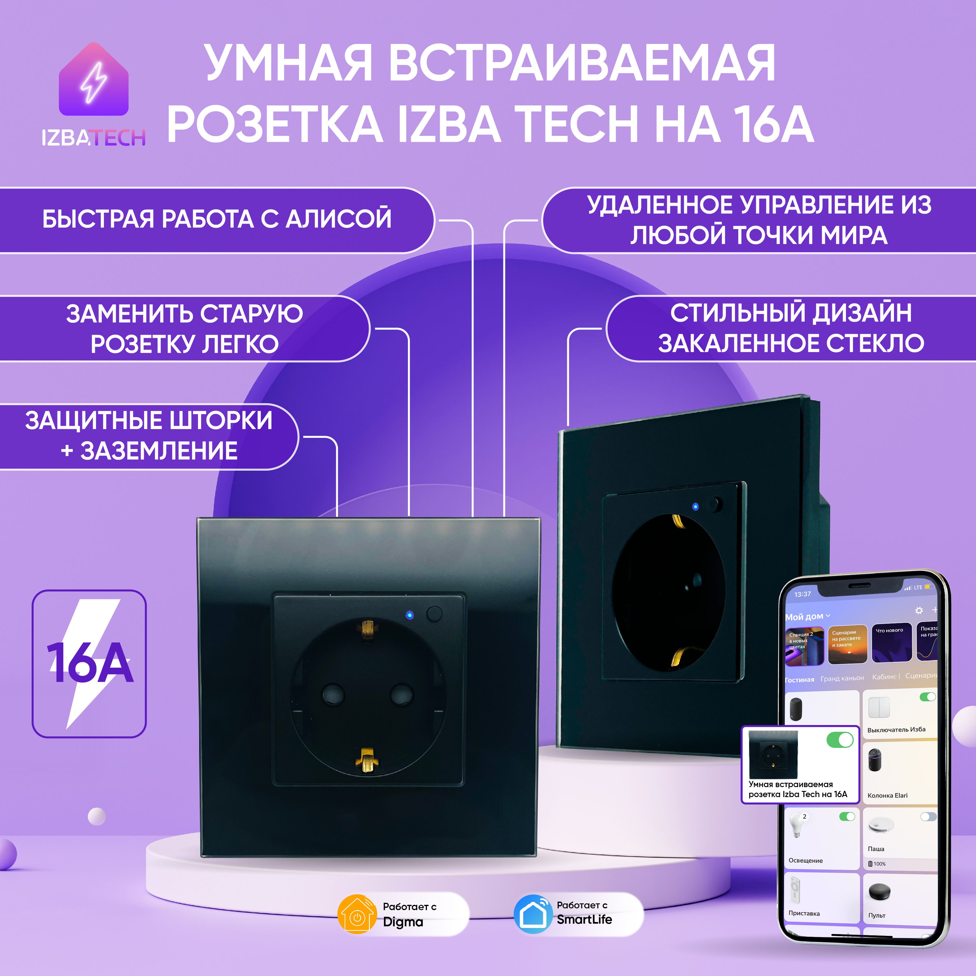 Умная розетка для Алисы с WiFi встраиваемая на 16А в стеклянной черной раме