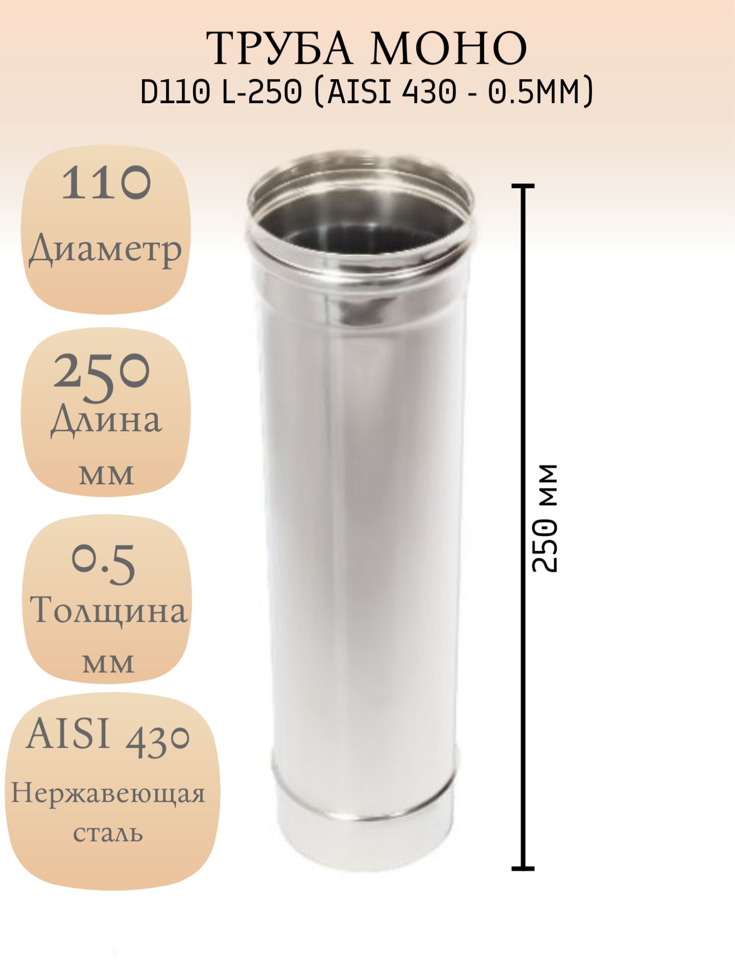 ТрубамонодлядымоходаD110L-250(нержавеющаястальAISI430-0.5мм)