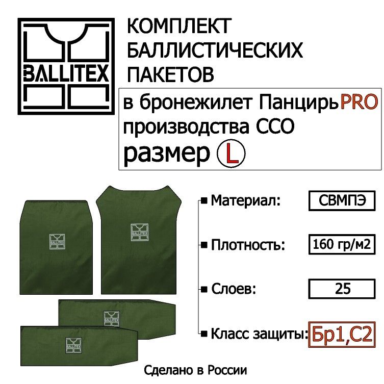 Баллистика в бронежилет ПАНЦИРЬ PRO, размер L, классы защиты Бр1, С2