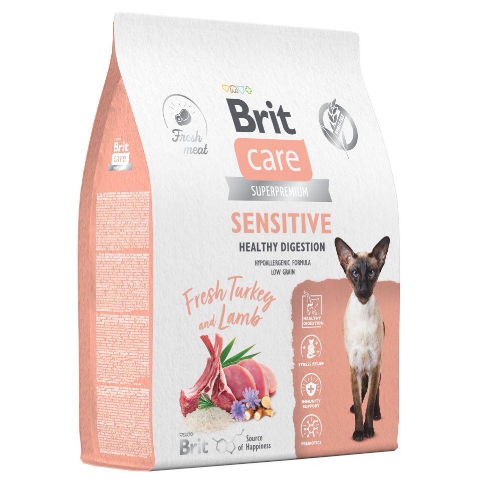 Brit Care Cat Sensitive Healthy Digestion сухой корм для взрослых кошек с чувствительным пищеварением, с индейкой и ягненком 7кг