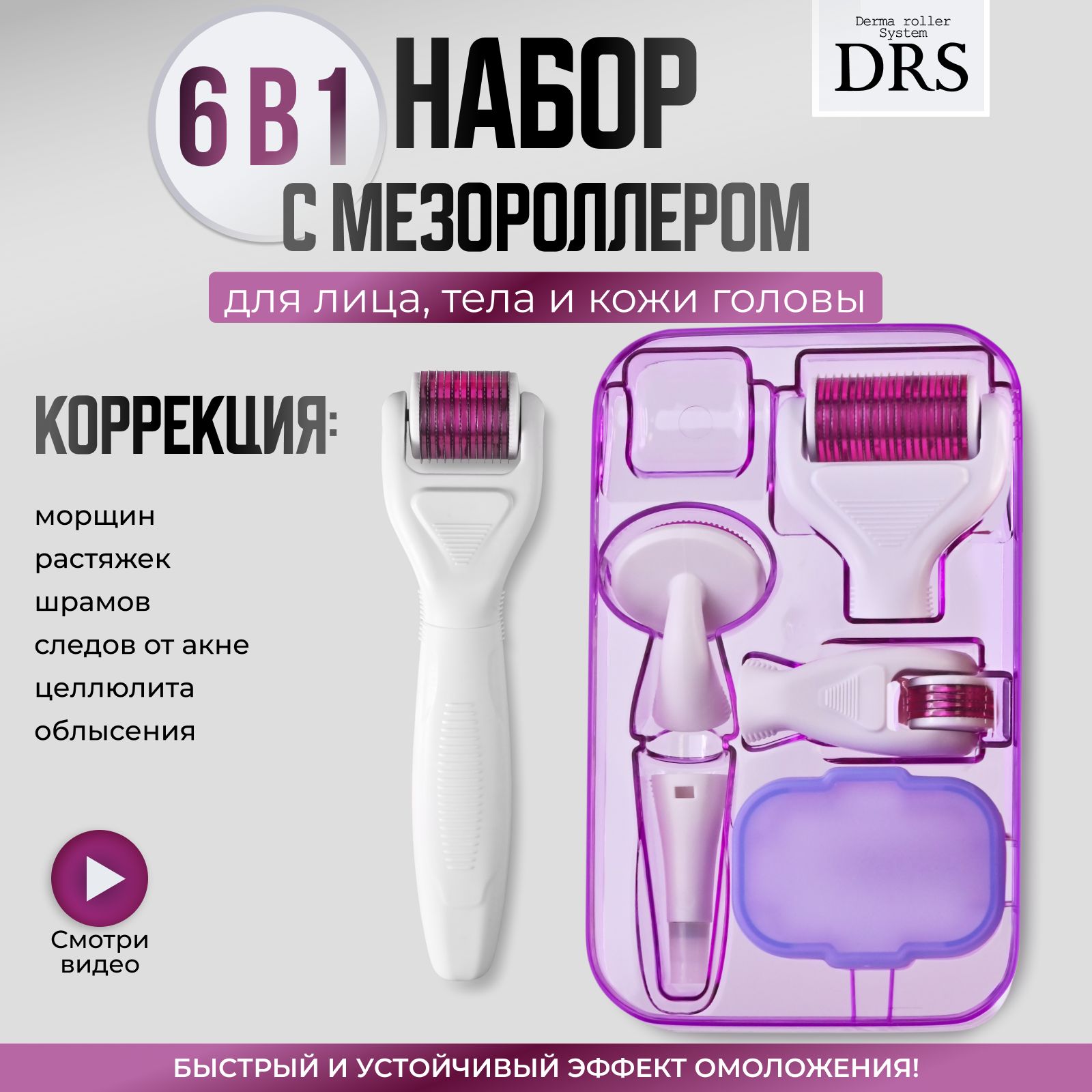 Derma Roller System Набор DRS6/1 мезороллер "6 в 1"для глаз, лица и тела c титановым напылением