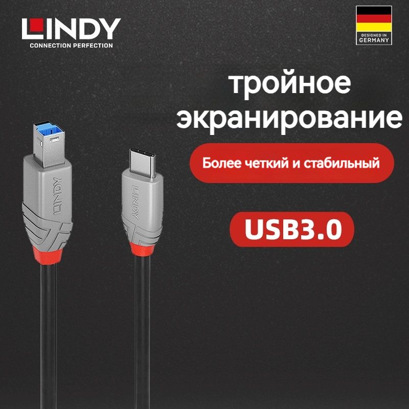 lindy Кабель для подключения периферийных устройств USB Type-C/USB 3.0 Type-B, 1 м, черно-серый