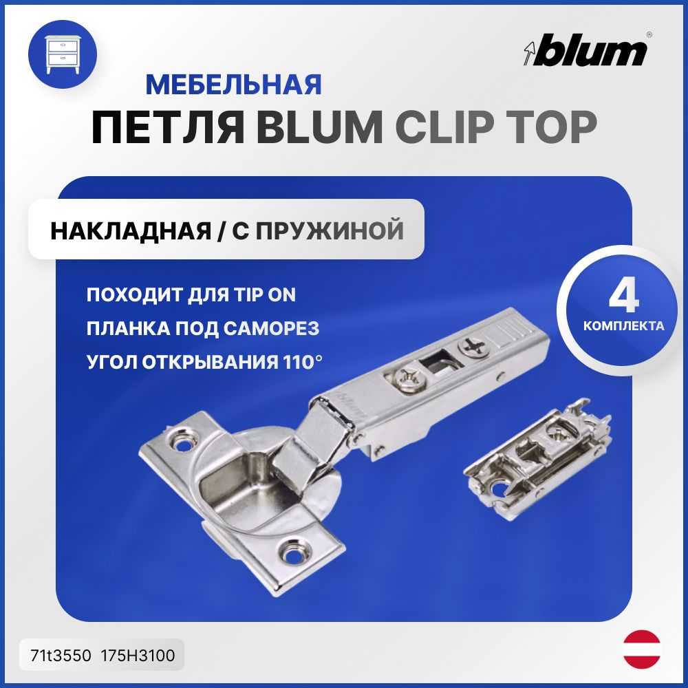 Петля BLUM CLIP TOP накладная с пружиной 110 градусов прямая планка. 4 комплекта (71t3550- 4 шт. 175Н3100 -4 шт.)