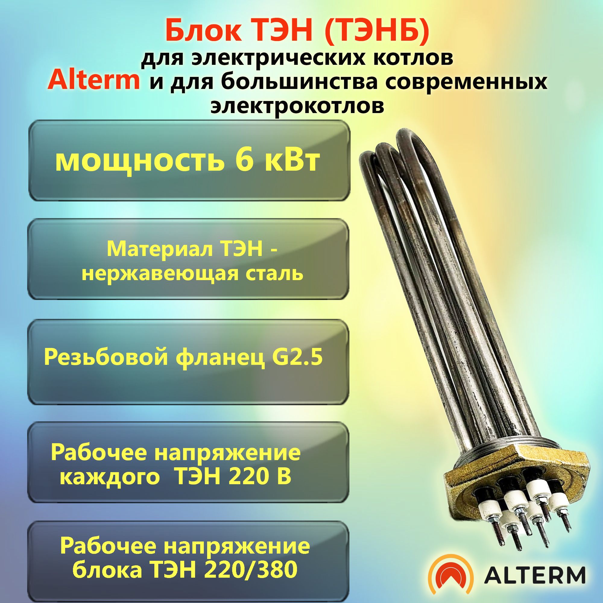 ТЭНТЭНбдляэлектрическогокотла6,0кВтAlterm(ТЭН-нержавеющаясталь,оцинкованныйфланец)