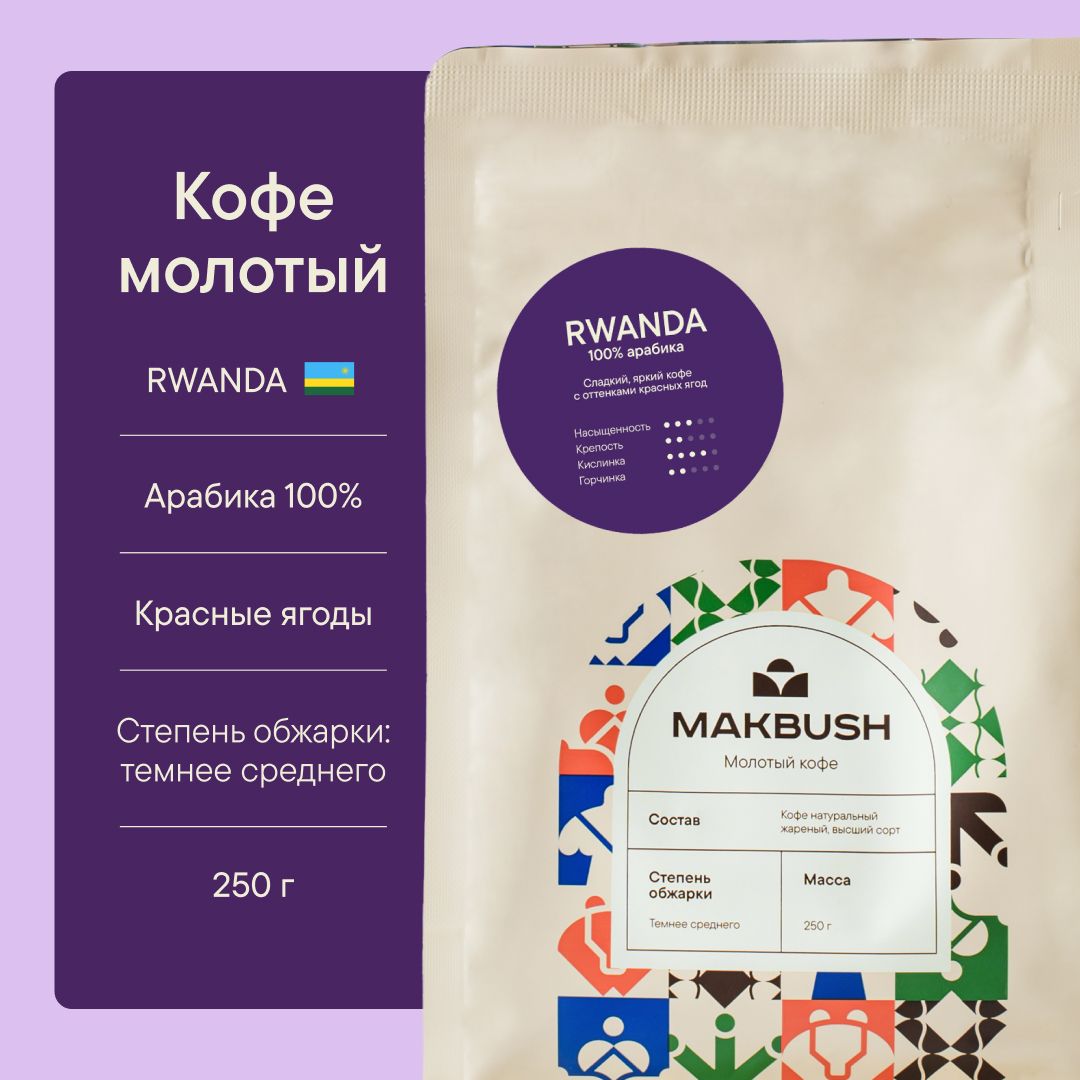 Кофе молотый MakBush RWANDA 250 г, Арабика 100%, свежеобжаренный, средний помол