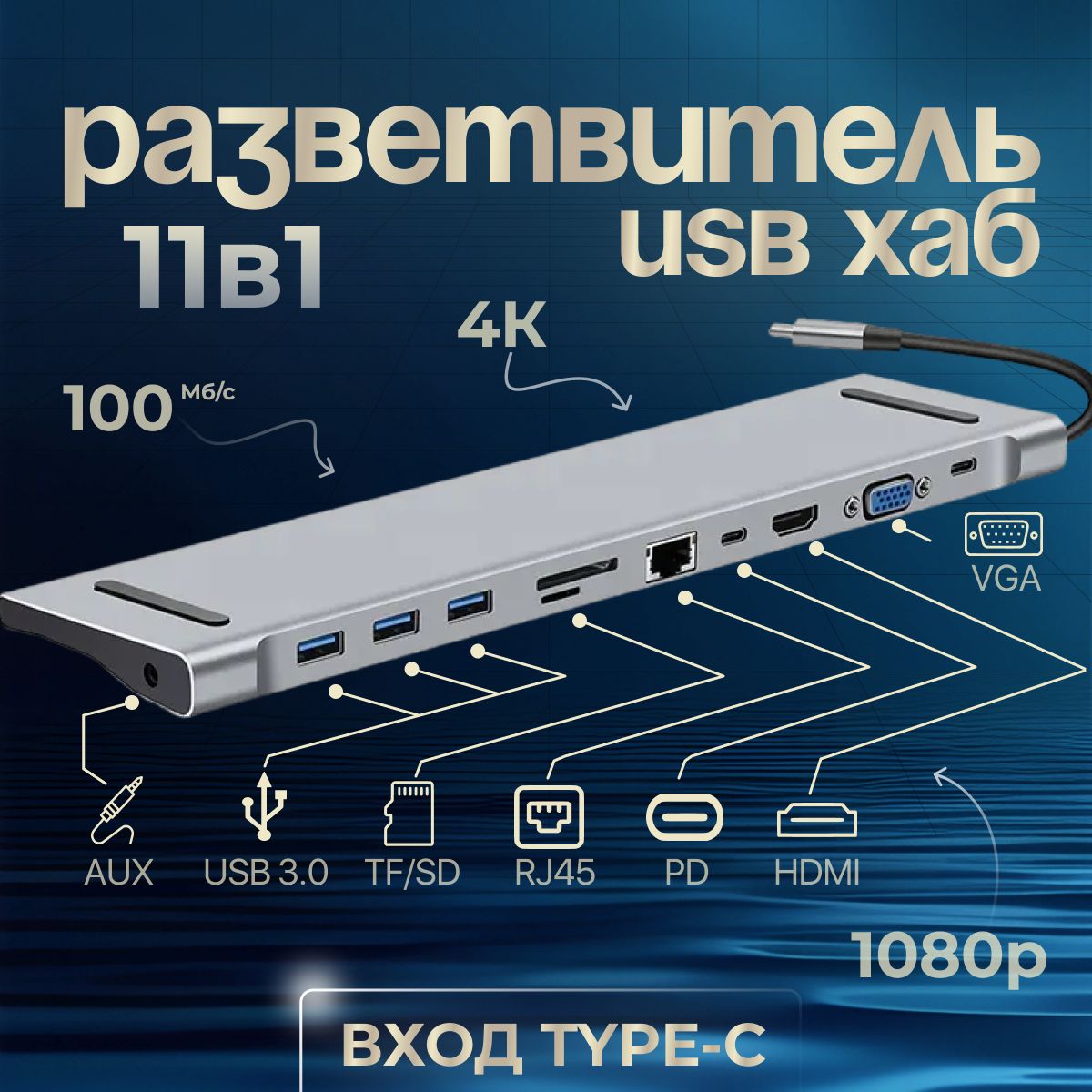 USBHUBTYPE-Cпереходник11в1:HDMI4KРазветвительдляноутбукаиmacSBHUBTypeCдокстанцияUsb3.0