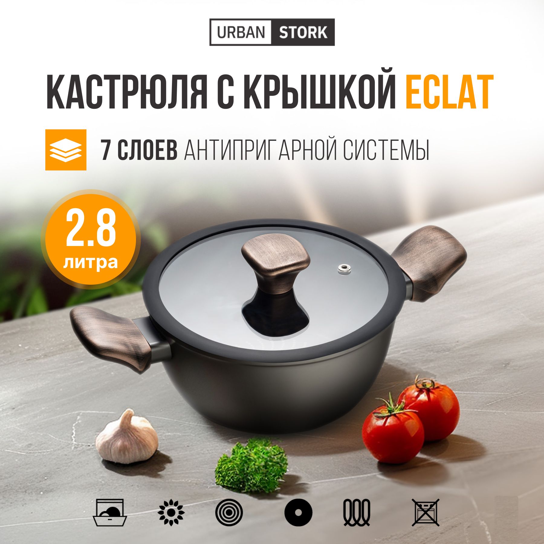 КастрюлясантипригарнымпокрытиемикрышкойEclat,2,8л